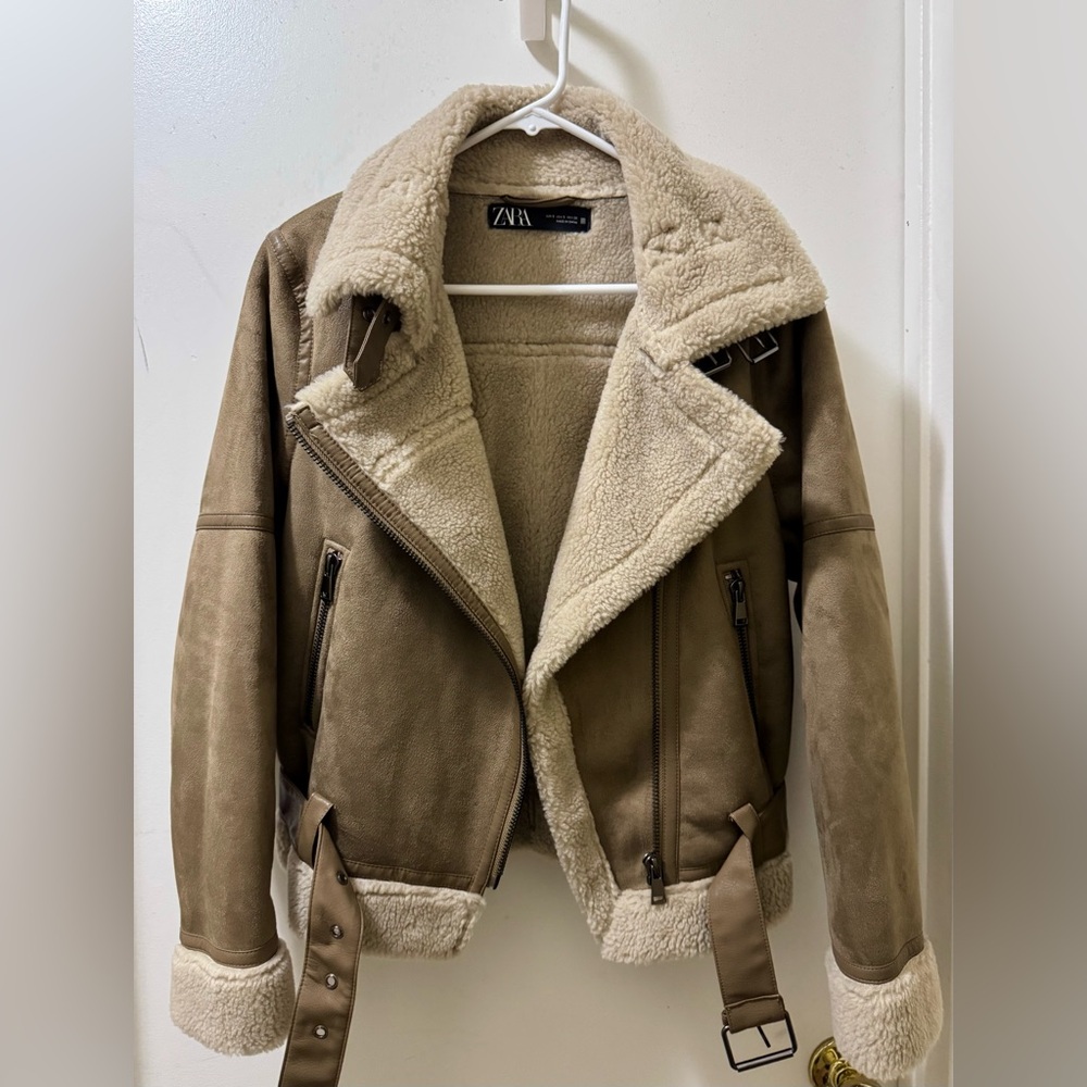 Zara Double-Faced Faux Suede Shearling Jacket Beige Size S